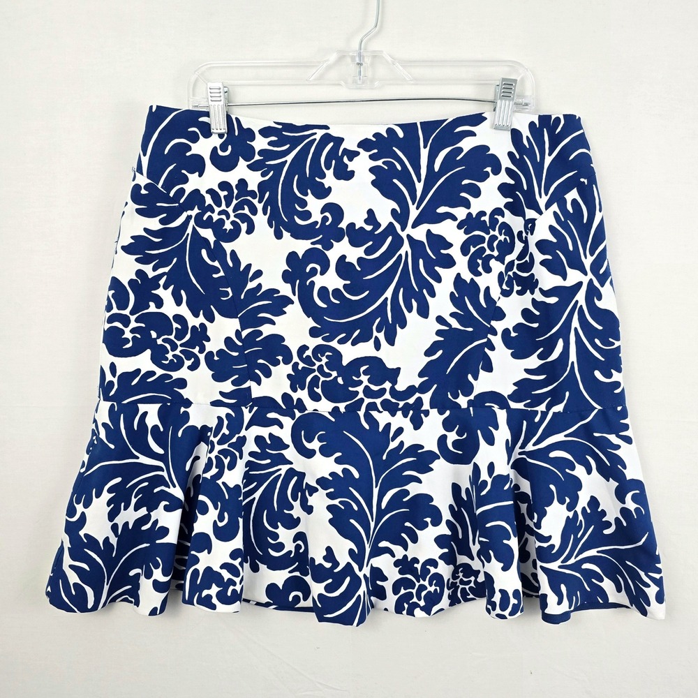 ECI Floral Print Fit Flare Lined Zipper‎ Back Skirt Blue White 14